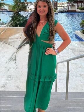 Green Sleeveless Maxi Dress with Ruffle Trim
